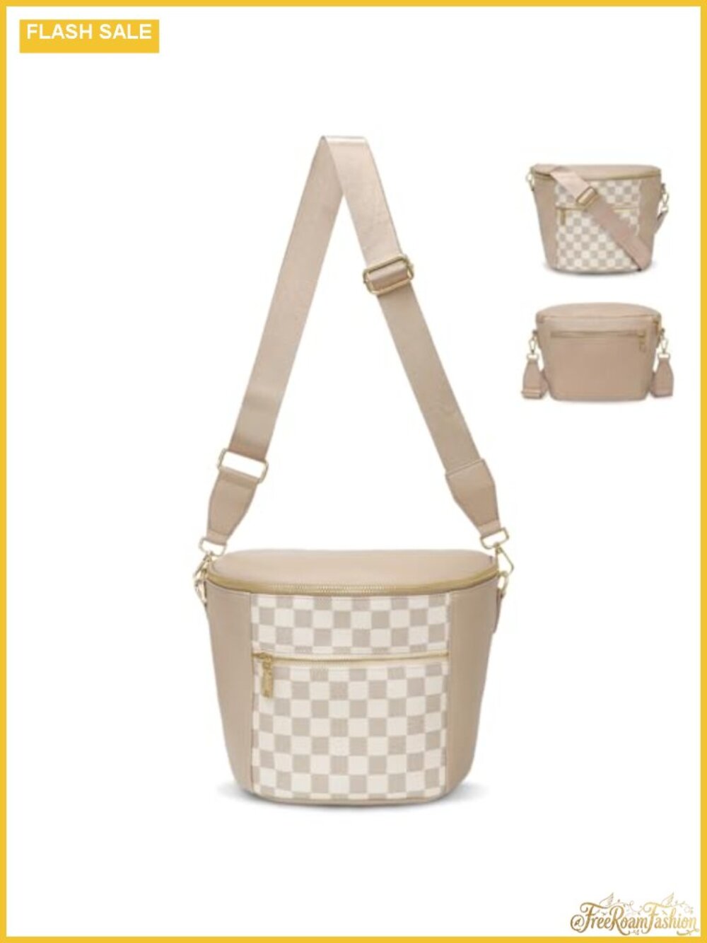 Leather Crossbody Bag Checkered RFID Anti-Theft Crescent Purse